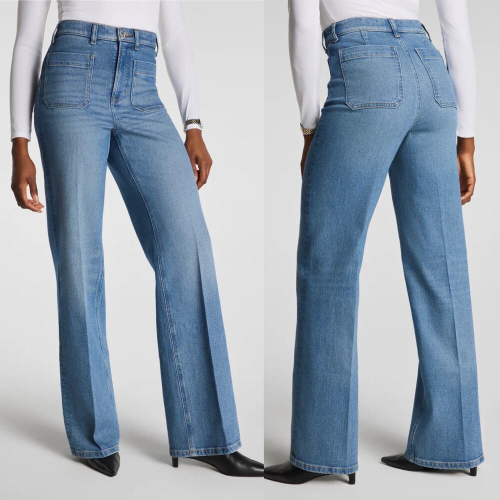 SPANX 22075R SPANXshape Authentic 360 Easy Flare Jeans XL Blue Patch Pockets